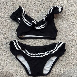 Janie and Jack Black Two-Piece Ruffle Swim Set with White Trim
